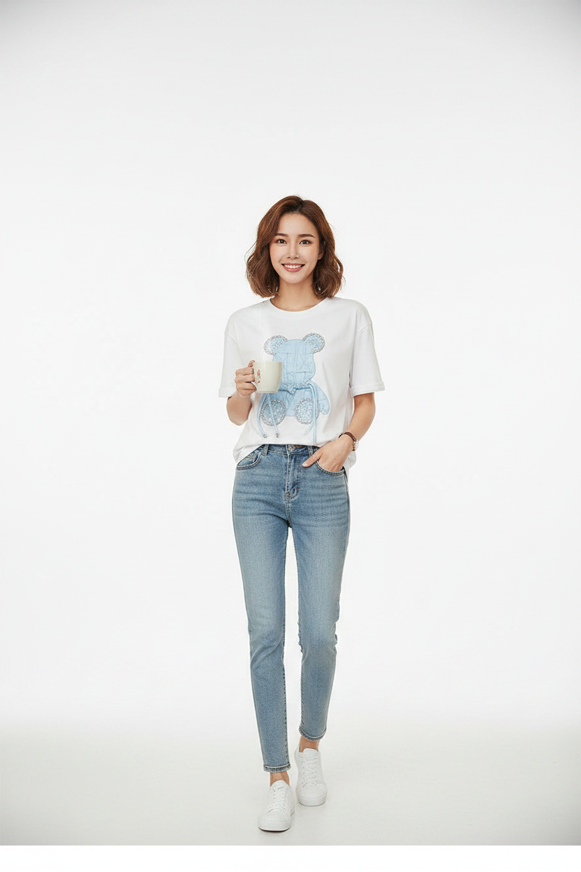 3D Rhinestone Woven Bear Appliqué Oversized Cotton T-Shirt