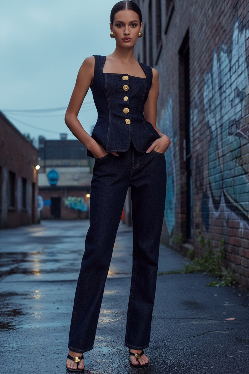Dark Indigo Denim Corset Peplum Co-ord