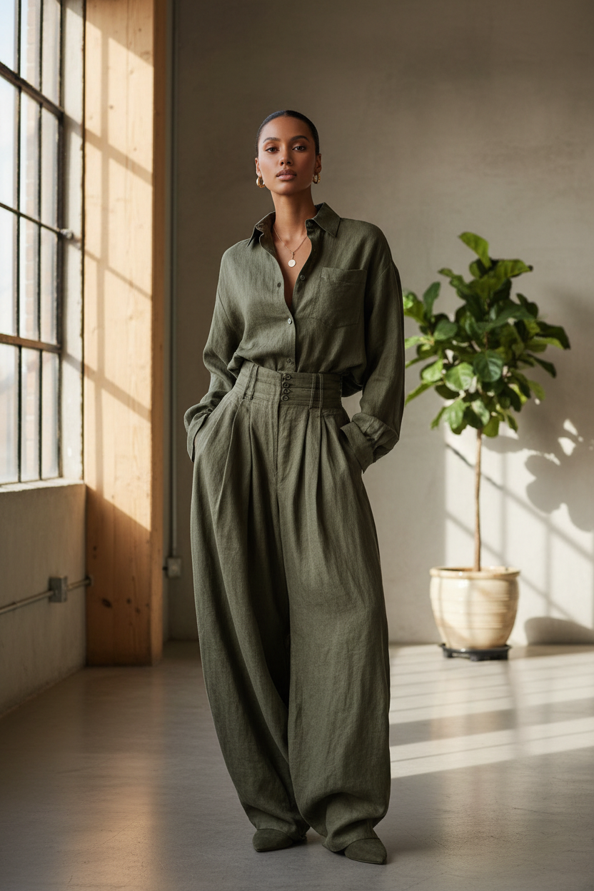 Olive Green Linen Oversized Shirt & High-Waist Balloon Trouser Co-ord Set