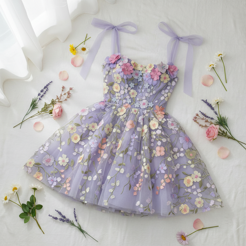 Lavender Floral Embroidered Organza Mini Dress