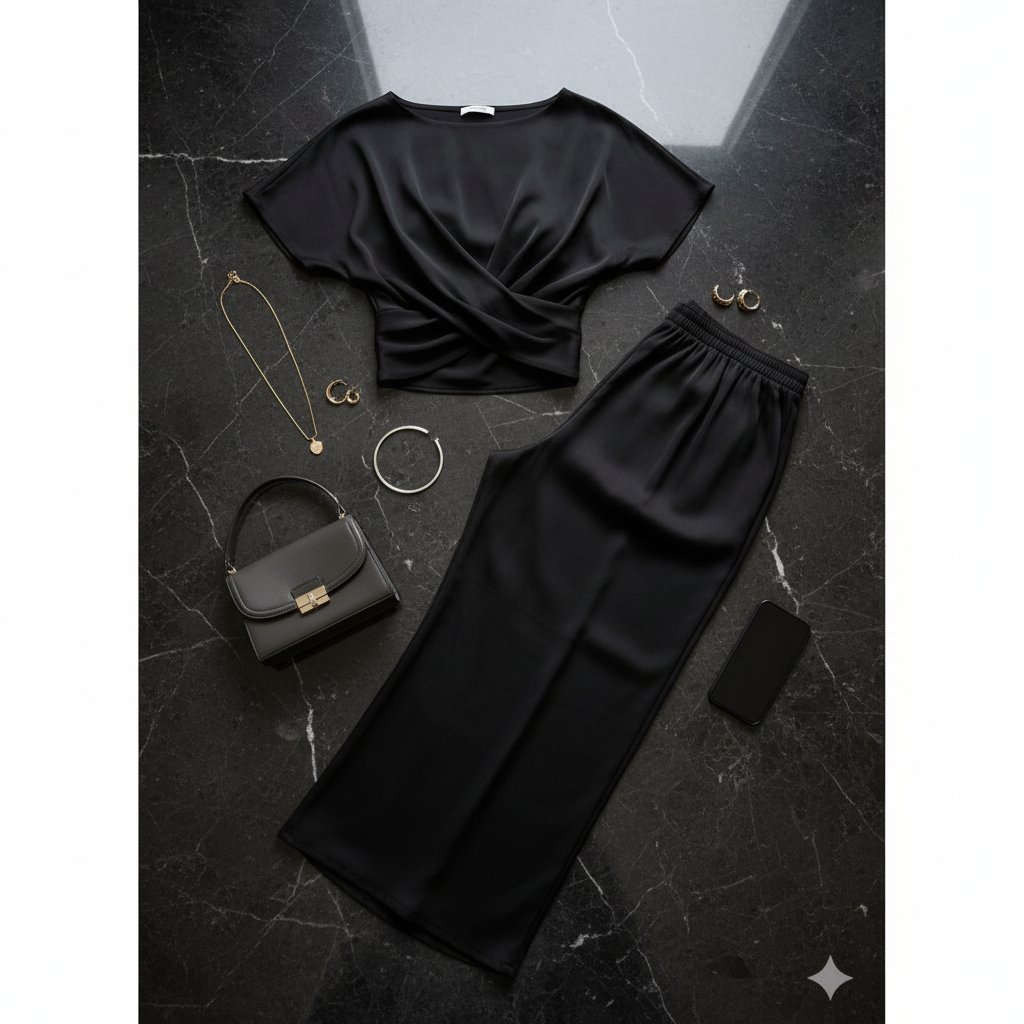 Black & Grey Satin Co-ord Set