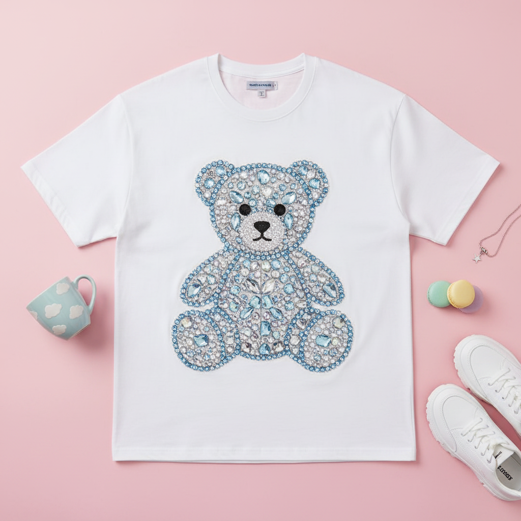 3D RHINESTONE BEAR OVERSIZED COTTON TEE