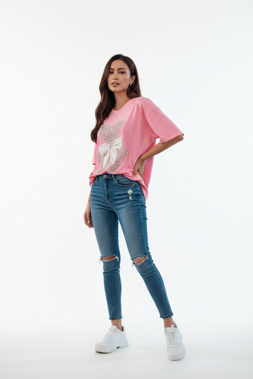 3D Rhinestone Bear Sequin Graphic Tee