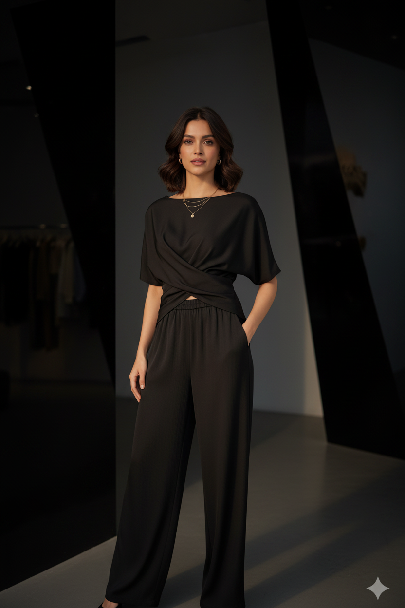 Black & Grey Satin Co-ord Set – Dimorra Fashion