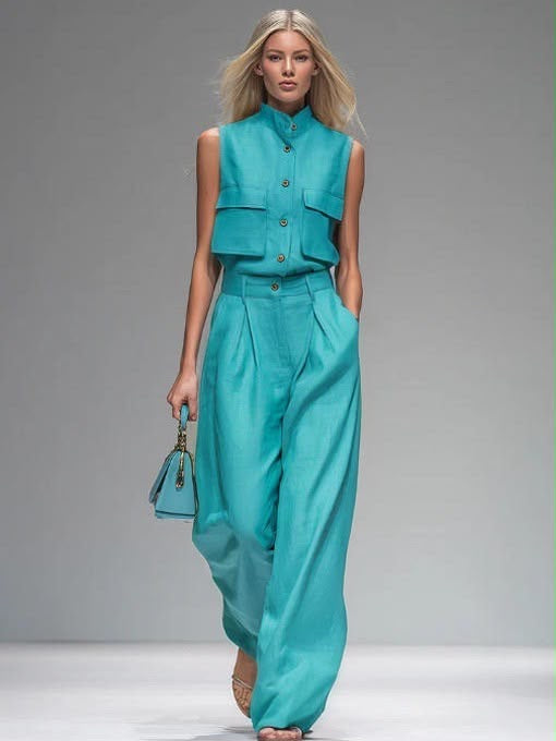 Linen Utility Vest & Wide Leg Pleated Trousers Co-ord Set | Mandarin Collar | Teal & Ivory