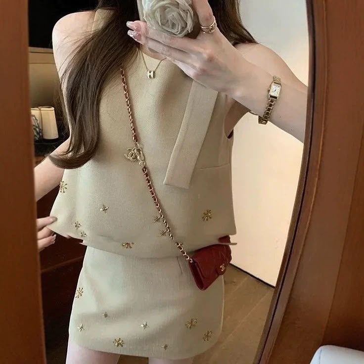 Beige Tweed Floral Embellished Co-ord Set | Bow Detail Top & Mini Skirt