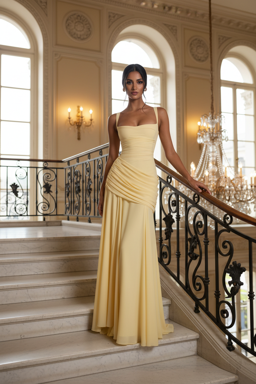 Pastel Yellow Ruched Maxi Gown