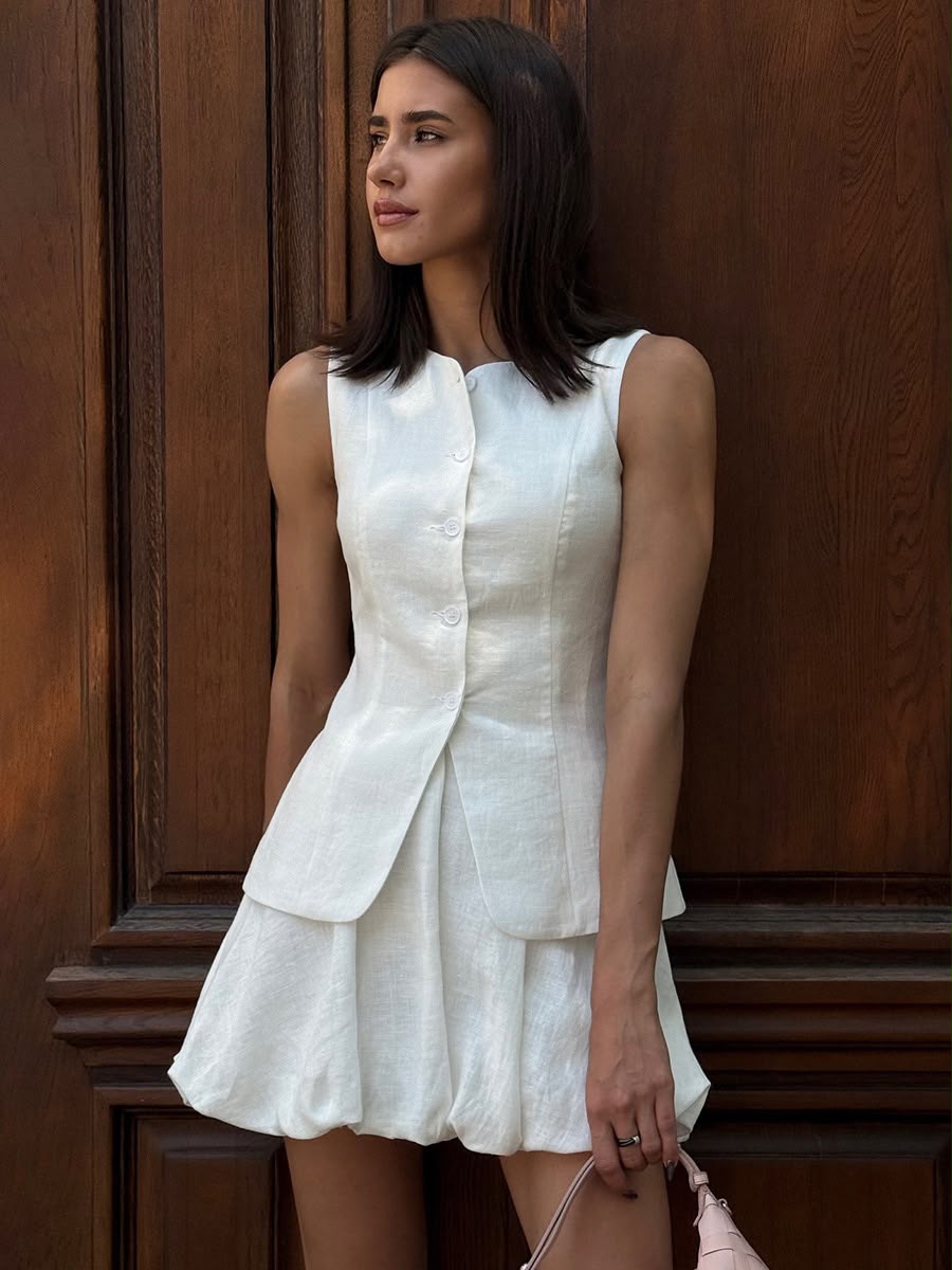 Linen Blend Vest & Bubble Mini Skirt Co-ord Set
