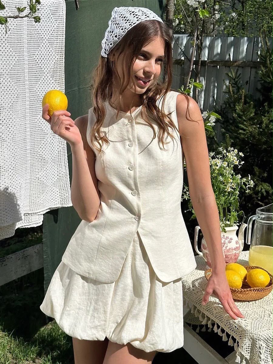 Linen Blend Vest & Bubble Mini Skirt Co-ord Set