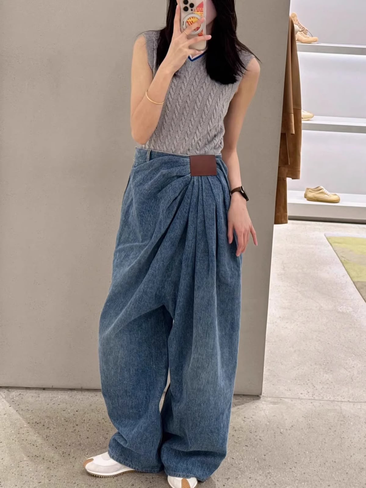 Blue Draped Denim Wide Leg Pants with Leather Tab | High Waist Pleated Jeans