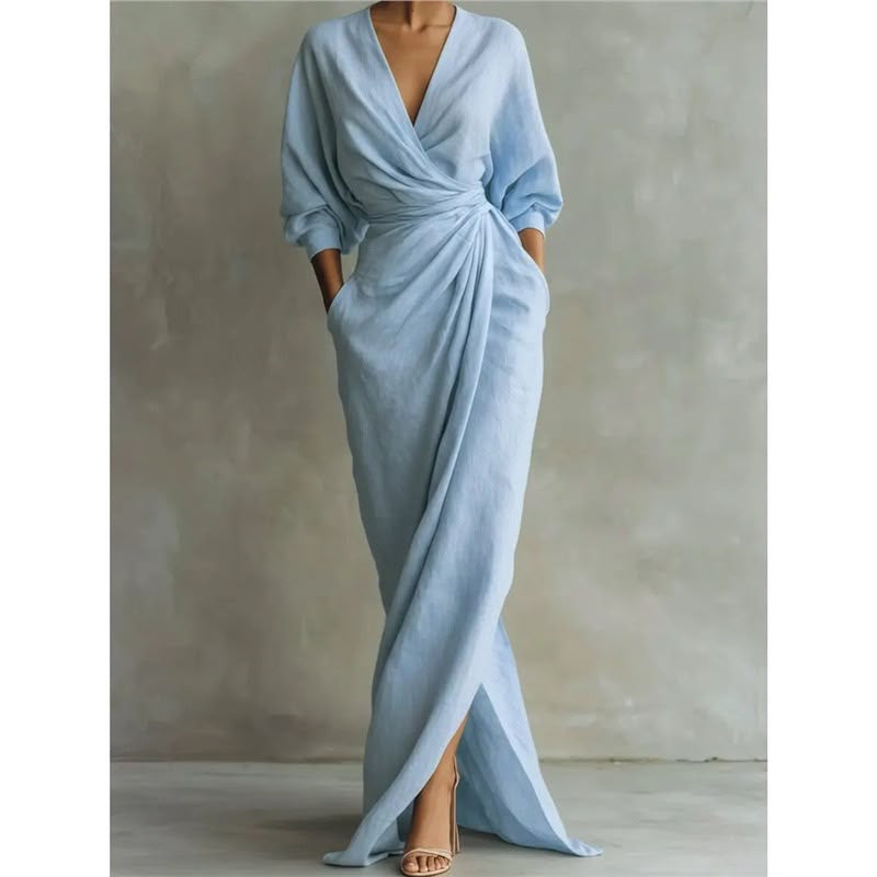 Deep V-Neck Draped Wrap Maxi Dress
