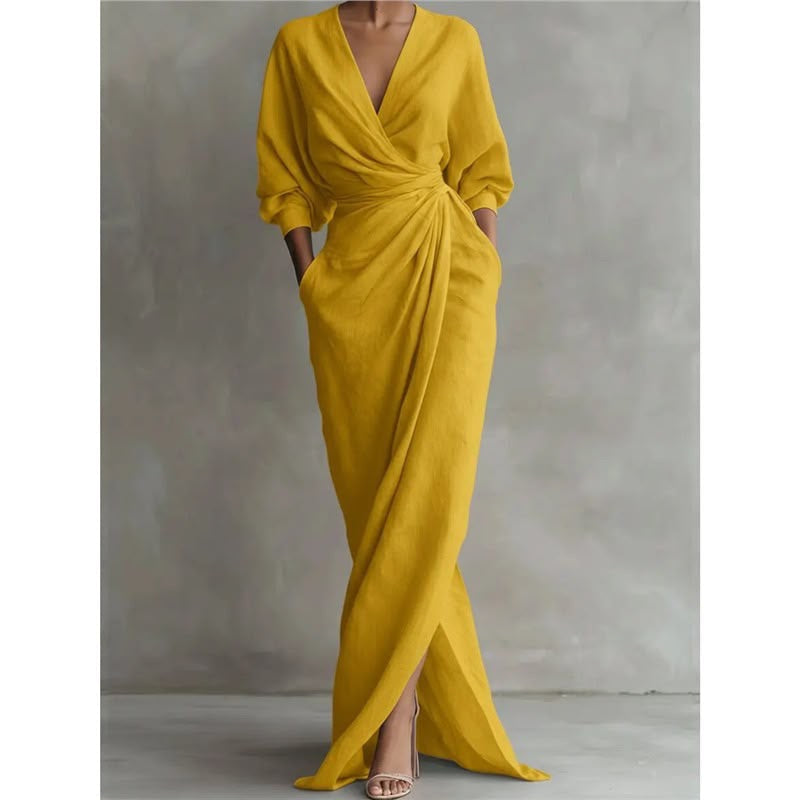 Deep V-Neck Draped Wrap Maxi Dress