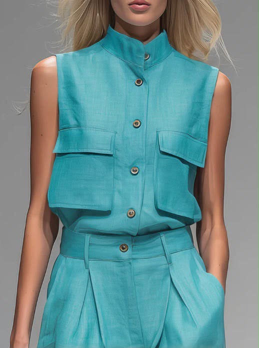 Linen Utility Vest & Wide Leg Pleated Trousers Co-ord Set | Mandarin Collar | Teal & Ivory